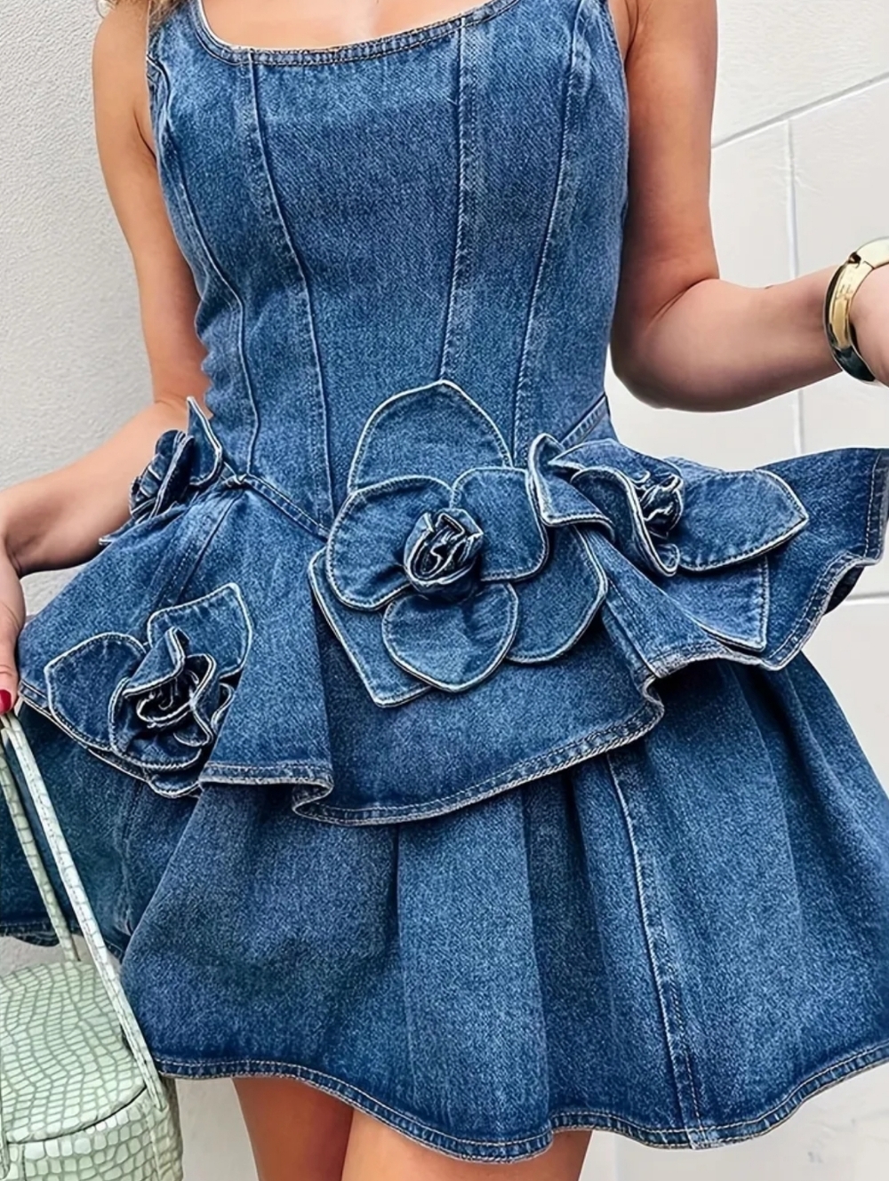 Denim Ruffled Mini Dress with Floral Appliqué - Blue - Picture 3 of 5
